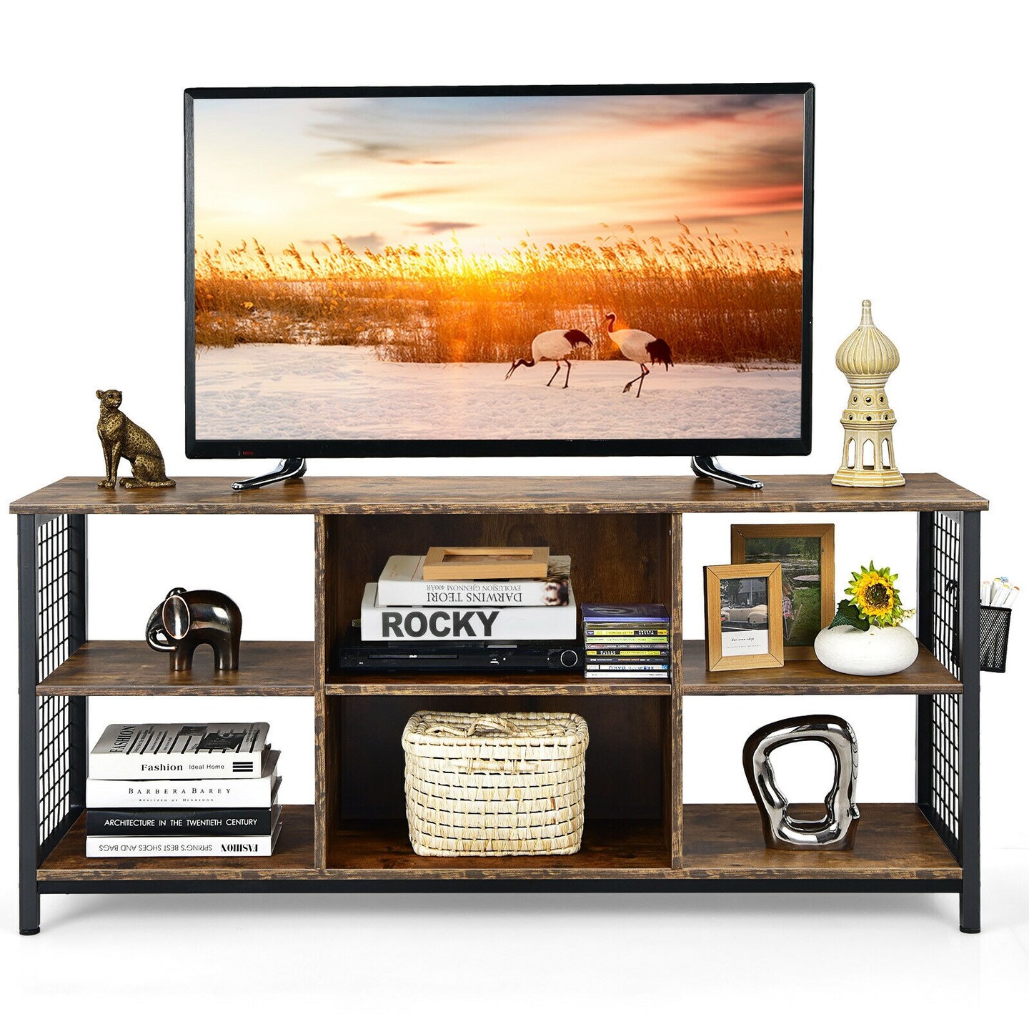 Industrial TV Stand with Storage Basket for TVs up to 65 Inches-Rustic Brown