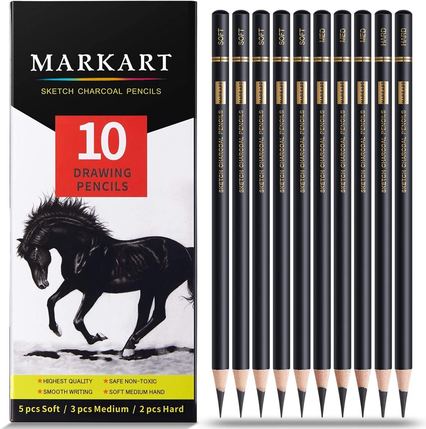 Professional Charcoal Pencils Drawing Set - 10 Pieces Soft Medium and Hard Charcoal  Pencils for Drawing, Sketching, Shading