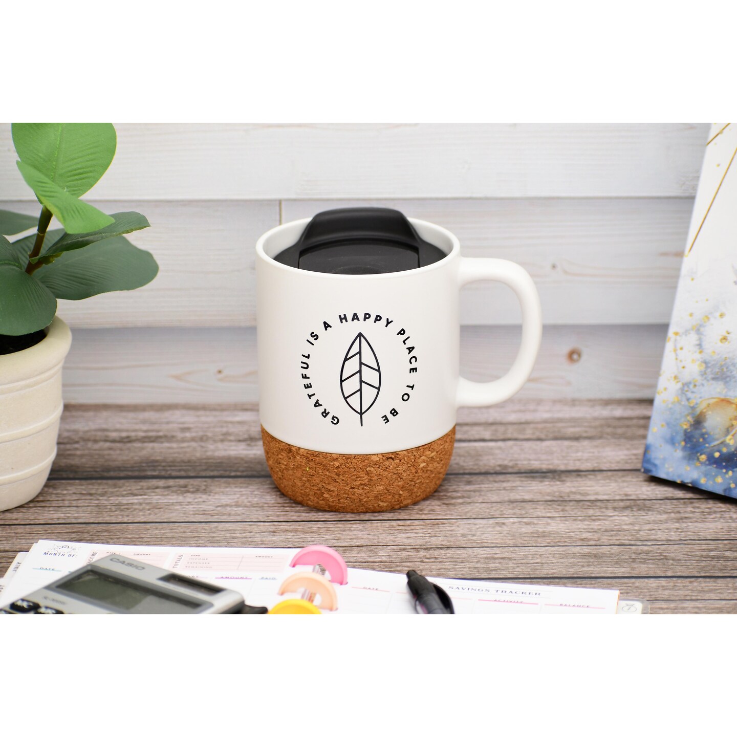 Dexsa Grateful Is A Happy Place Designer Cork Bottom Mug with Lid - 14 oz
