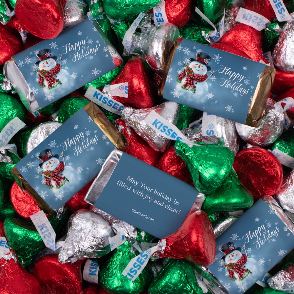 131 Pcs Christmas Candy Chocolate Party Favors Hershey&#x27;s Miniatures &#x26; Red, Green &#x26; Silver Kisses (1.65 lbs, Approx. 131 Pcs) - Jolly Snowman