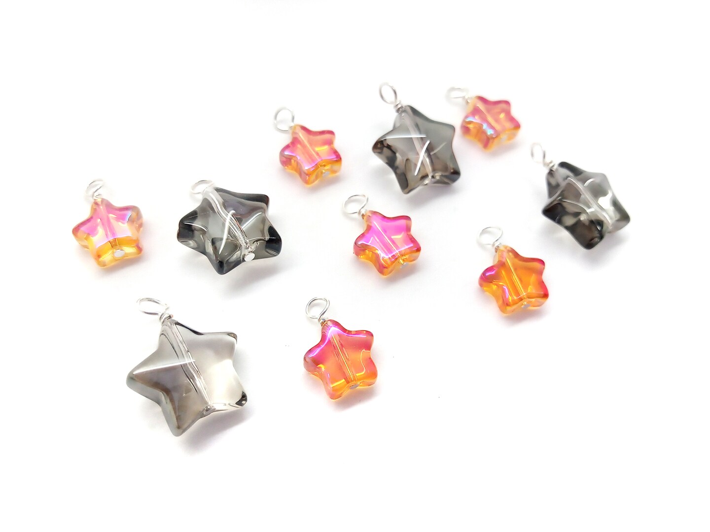Glass Star Bead Dangle Mix, 10 pieces, Gray &#x26; Orange-Red Charms for Halloween, Adorabilities