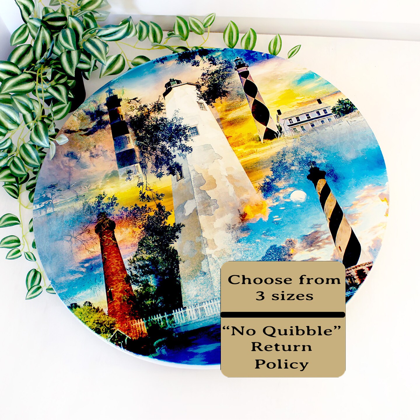 Wood Lazy Susan decorated with Beautiful Montage of North Carolina  Lighthouses, A Custom large Round Wood Lazy Susan Turntable - Personalize