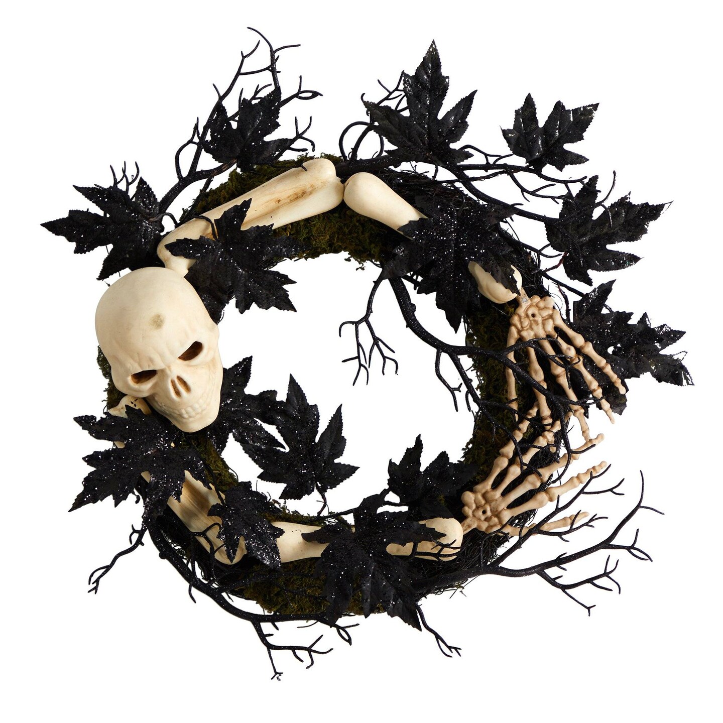 Halloween Skull &#x26; Bones Black Leaves Wreath 24&#x22;