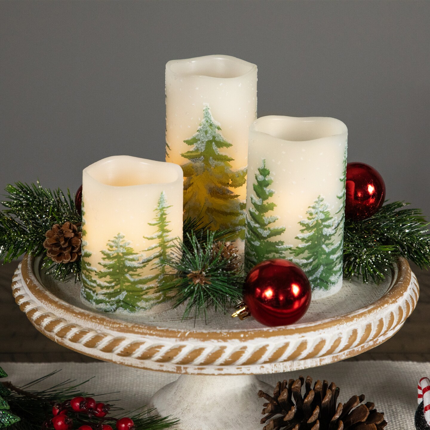 Northlight Set of 3 Flameless Frosted Pines Flickering LED Christmas