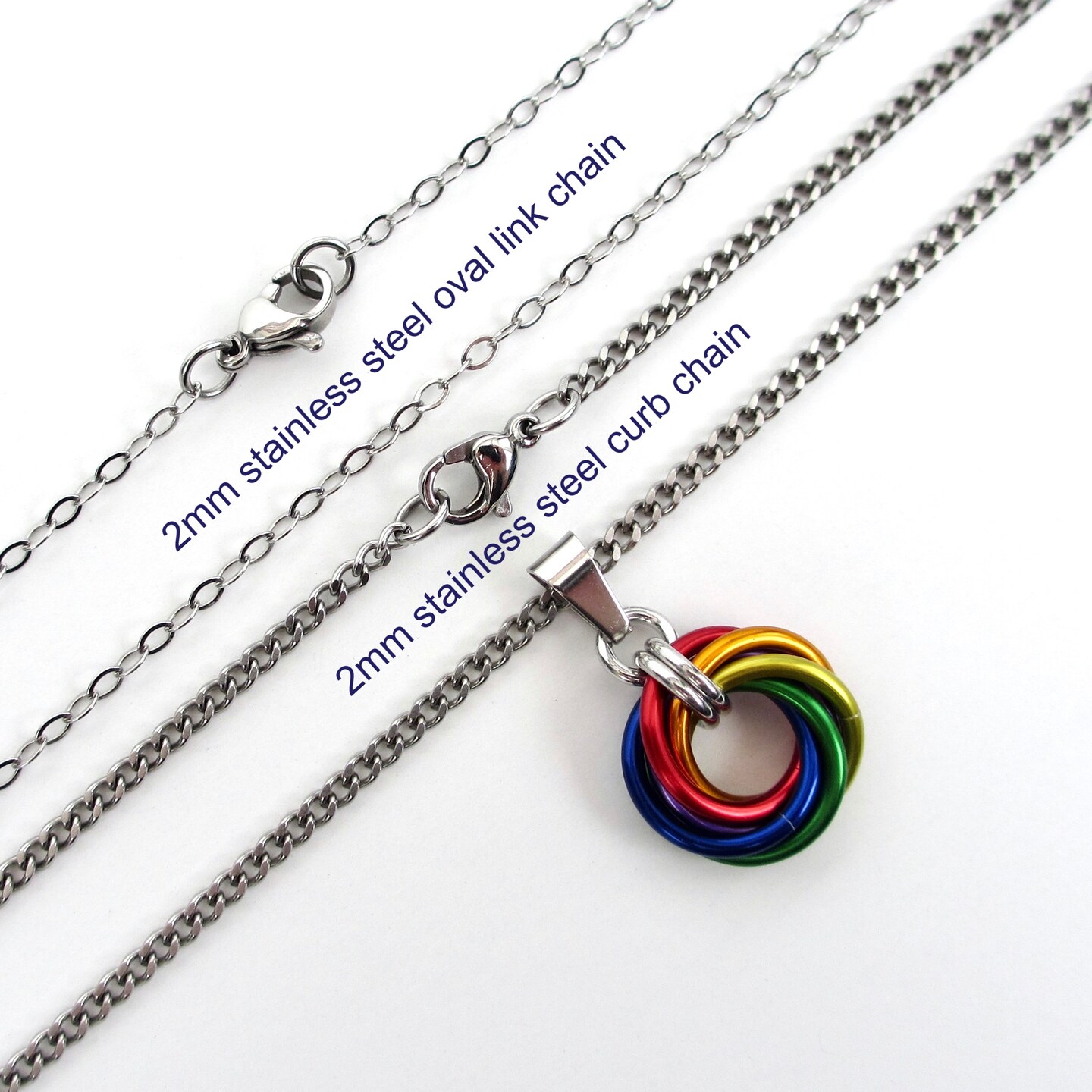 Gay pride pendant necklace, chainmail love knot, small rainbow LGBTQ jewelry product 2