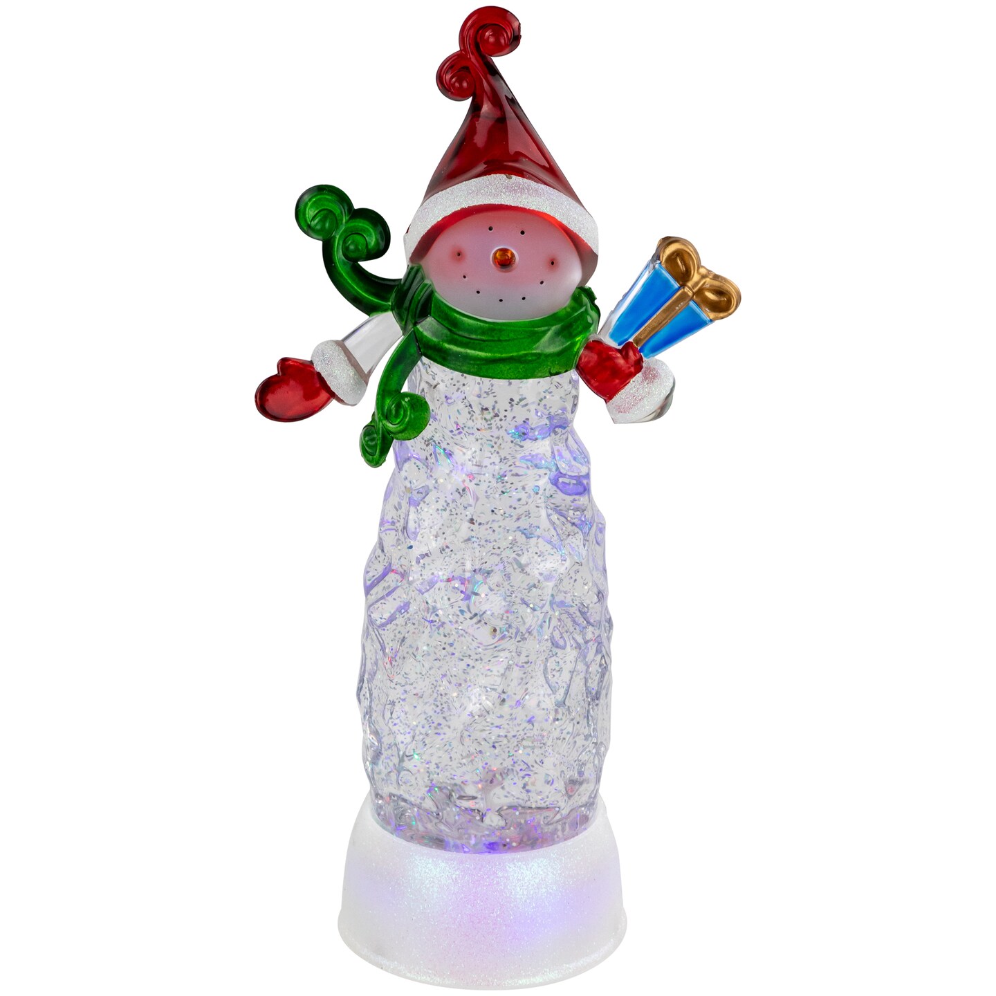 Napco 52811 Light-Up Ice Cube Shaped Snowman with Ear Muffs Red, White 7.25  x 7 Inches Plastic Holiday Water Glitter Globe