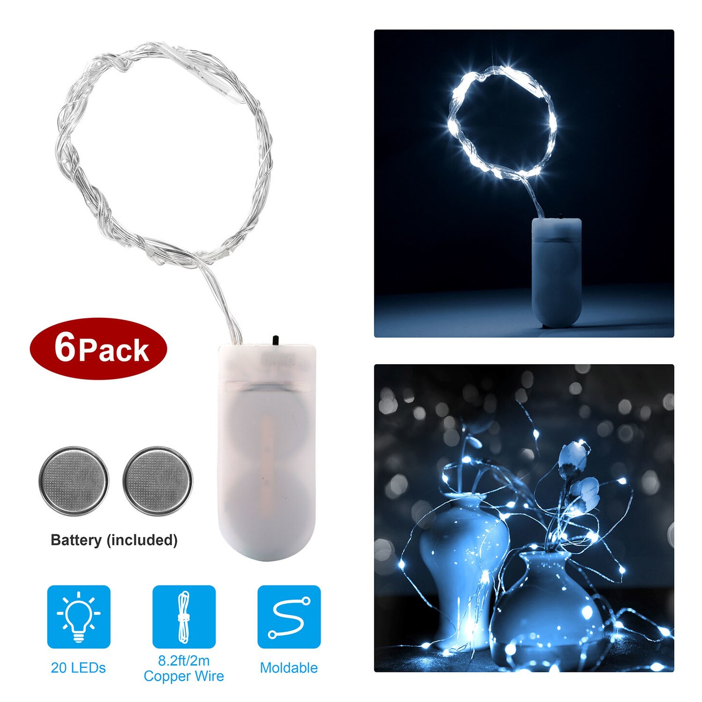 6 Pack DIY LED String Lights 6.56ft 20 LEDs Decor - Starry Fairy Lights