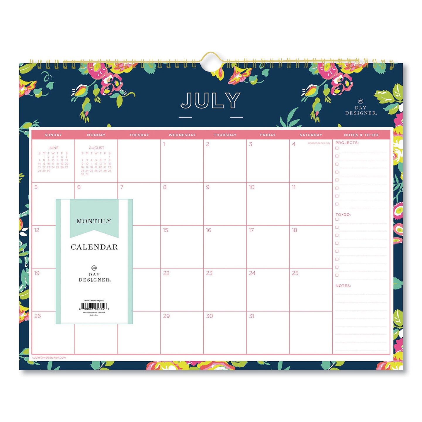 Day Designer Peyton Academic Wall Calendar, Floral Artwork, 15 x 12, White/Navy Sheets, 12-Month (July to June): 2023 to 2024