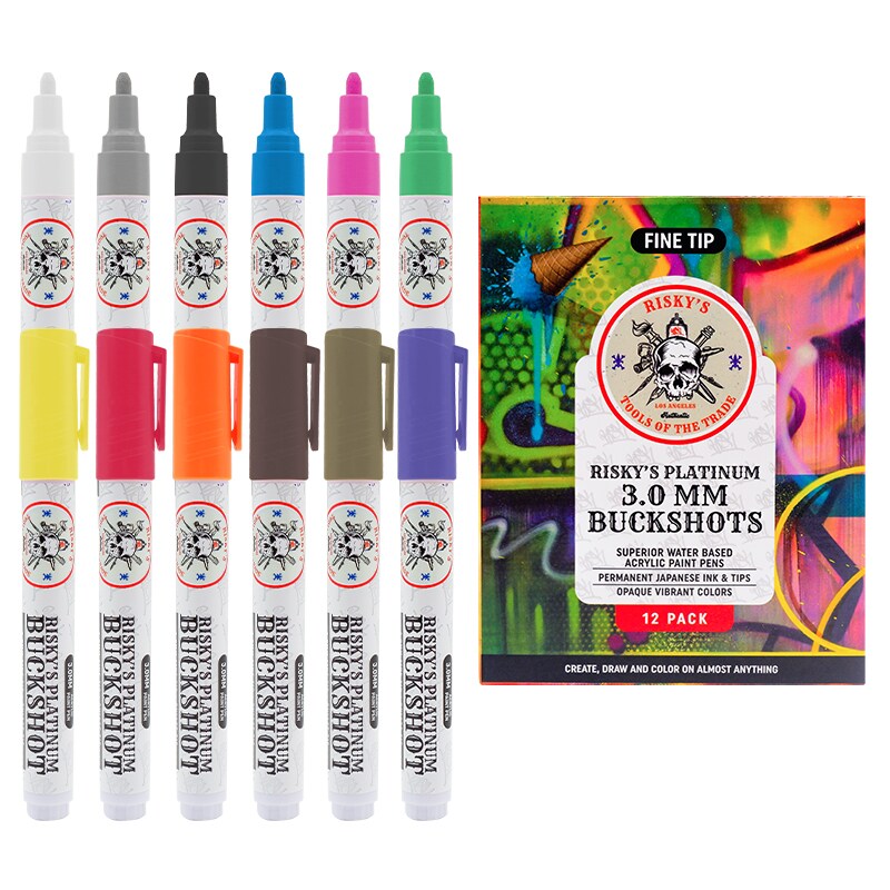 Risky&#x27;s Tools of the Trade Platinum 3mm Buckshot Acrylic Paint Pens 12 Pack for Graffiti or Fine Art