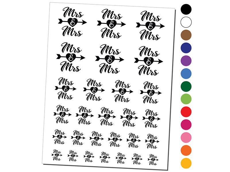 Mrs and Mrs Heart and Arrow Wedding Temporary Tattoo Water Resistant Fake Body Art Set Collection