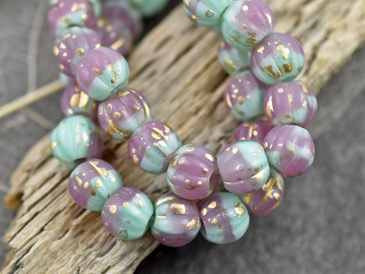 Gold Washed Dusty Rose &#x26; Mint Green Large Hole Melon Beads -- Choose Your Size