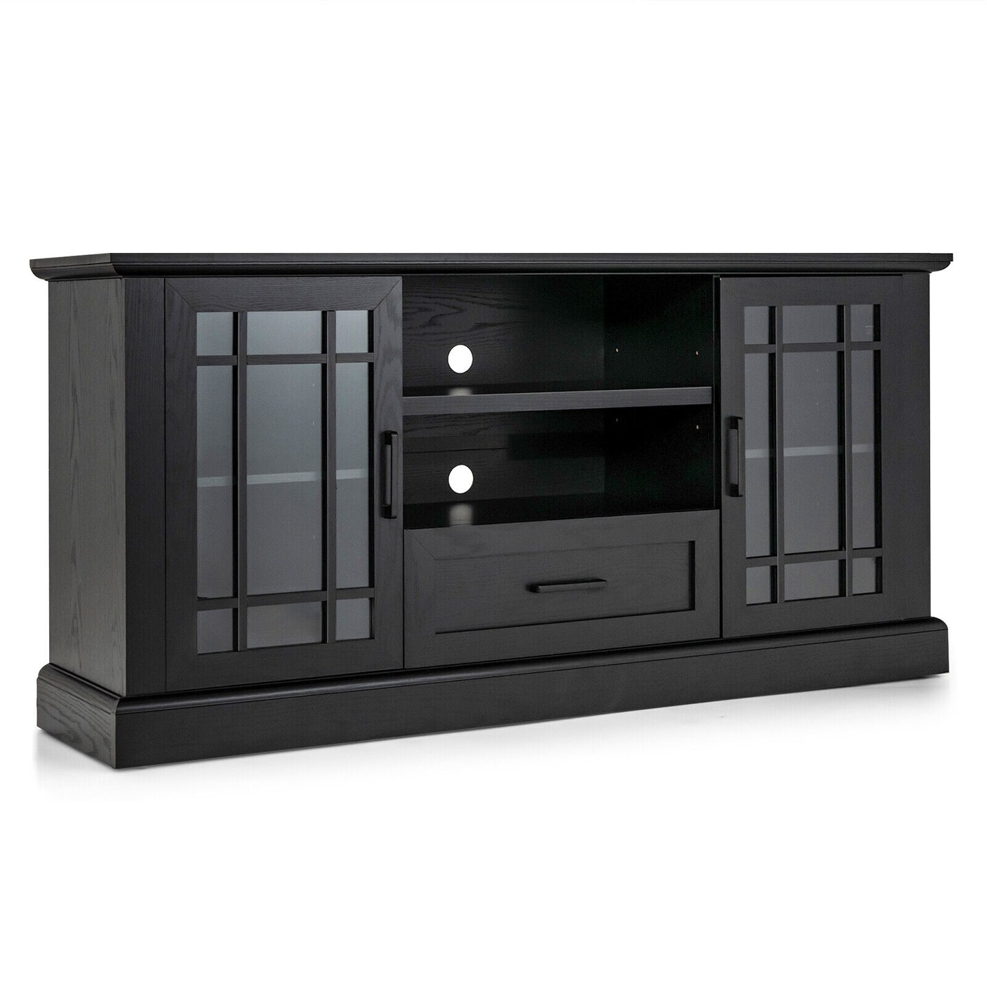 TV Stand for TVs up to 70 with Glass Doors Cubbies and Drawer-Black