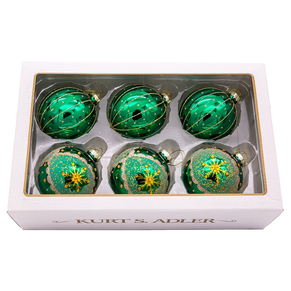 80MM Gold, Green and Bronze Embellished Glass Ball Ornaments, 6-Piece Box