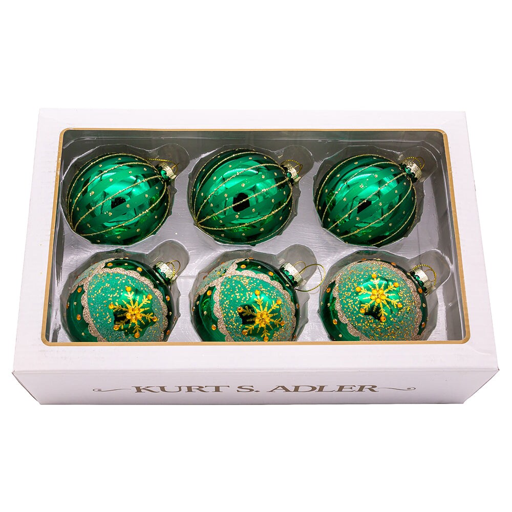 3.15" Gold, Green, and Bronze Embellished Glass Ball Ornaments, 6-Piece Box Set | Luxurious Christmas Tree Decorations