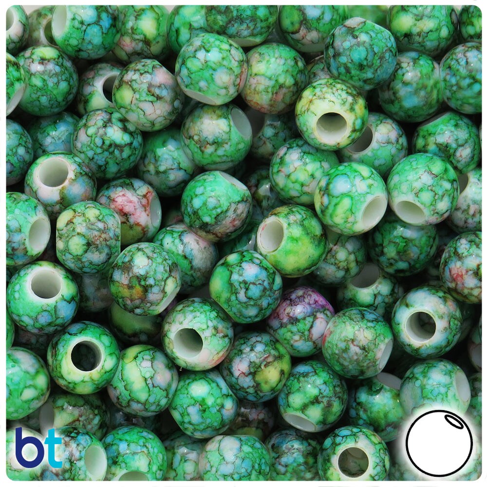 BeadTin Green Marbled 12mm Round Large Hole Plastic Pony Beads (75pcs)