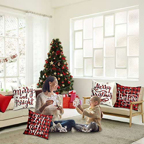 Aetegit christmas decorations christmas pillow covers 18x18 inches set of 4  farmhouse buffalo plaid black and red throw pillow case w