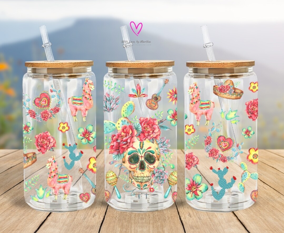 Day of the Dead or Dia de Muertos Glass Cup 16oz with straw and