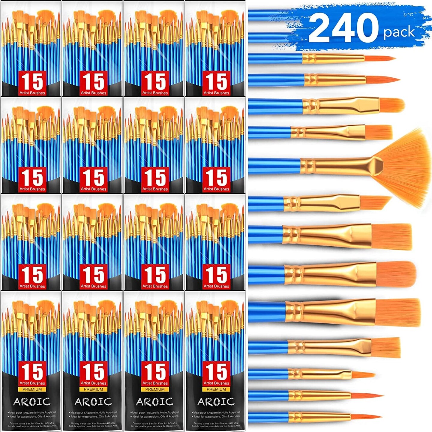 Acrylic Paint Brush Set, 15 Pcs Nylon Hair Paint Brushes for All Purpose Oil Watercolor Face