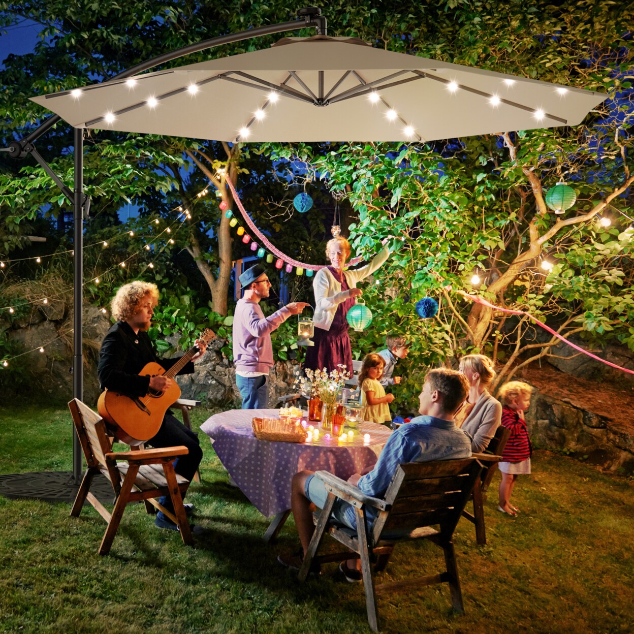hanging lights for patio umbrella Cordless 120 LED Table Umbrella Lights with Remote Control Battery Operated Waterproof Parasol String Lights 7-11 Feet Outdoor Backyard Beach Umbrella Dcor (Warm White) Block out the shining sun during the day and create a romantic space during the evening with this amazing 10 ft LED cantilever umbrella Patio Umbrella String Lights with