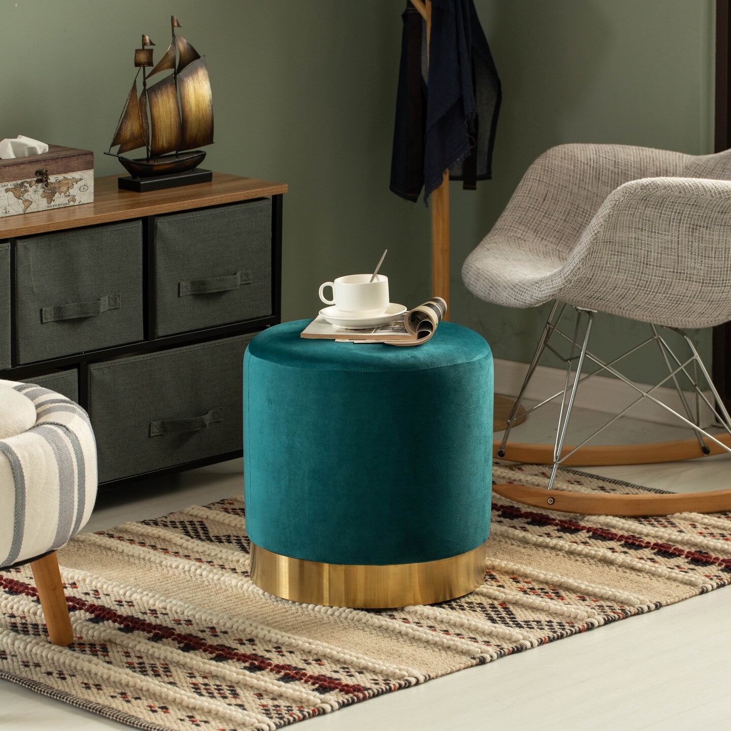 Modern Round Velvet Fabric Standard Ottoman Stool with Gold Base