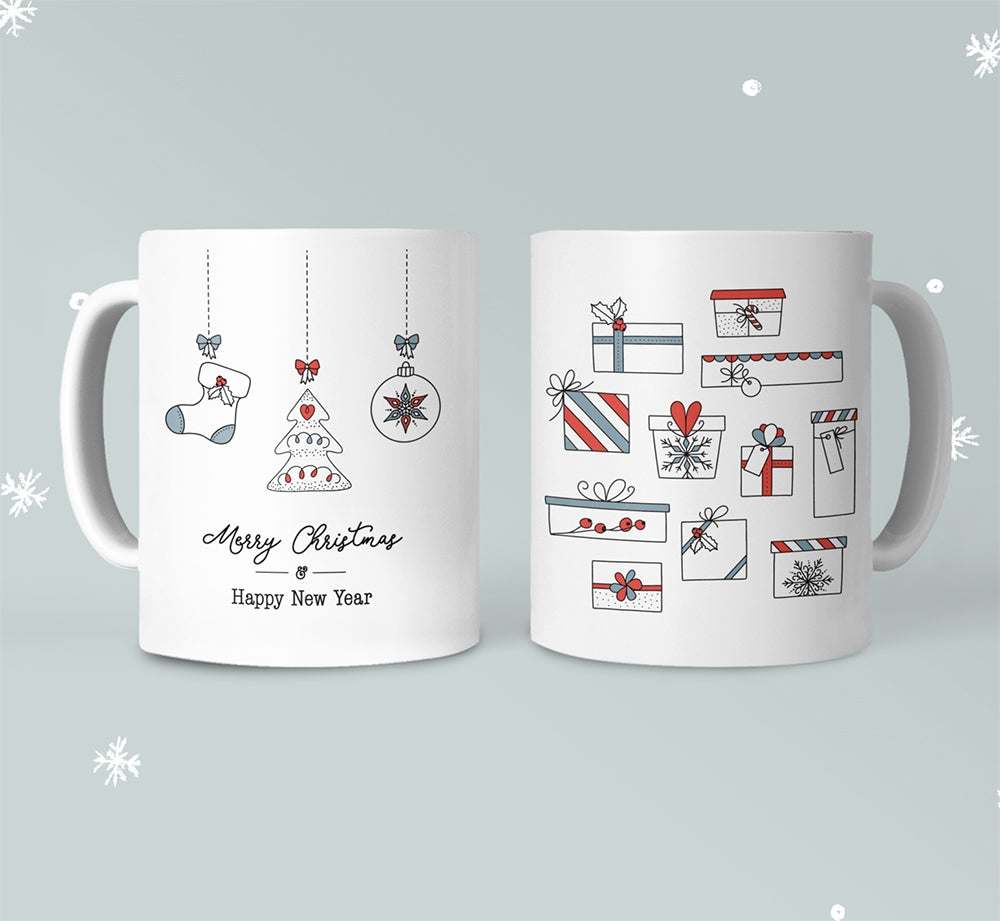 Merry Christmas Mug with Printed Stockings and Presents