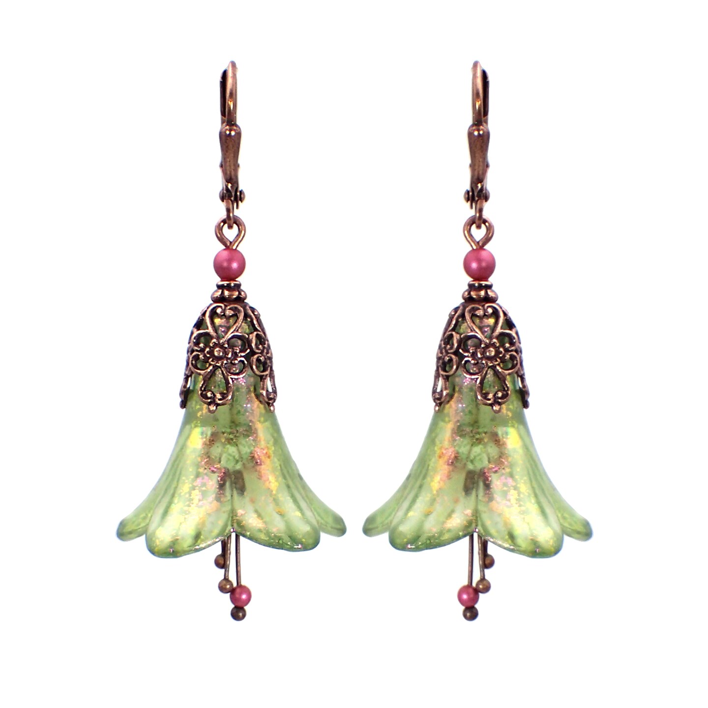 Iridescent Pink and Green Hanmdade Lucite Flower Earrings