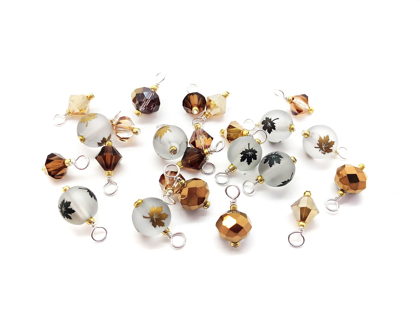 Pretty Leaf Dangles in Gold &#x26; Brown, 24 pcs, Fall Leaf Beads with Crystal Bicones &#x26; Rondelles, Adorabilities