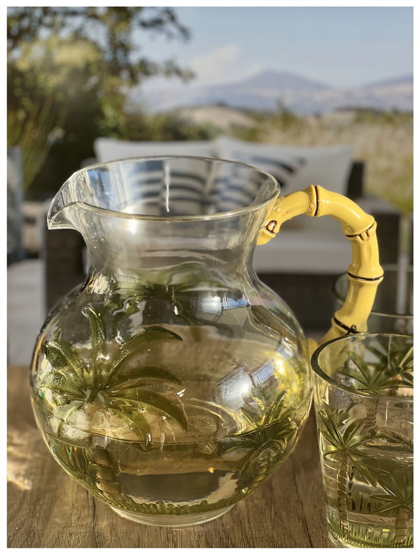 3 Quarts Designer Classic Palm Tree Acrylic Pitcher with Bamboo Handle - Crystal Clear and Break Resistant