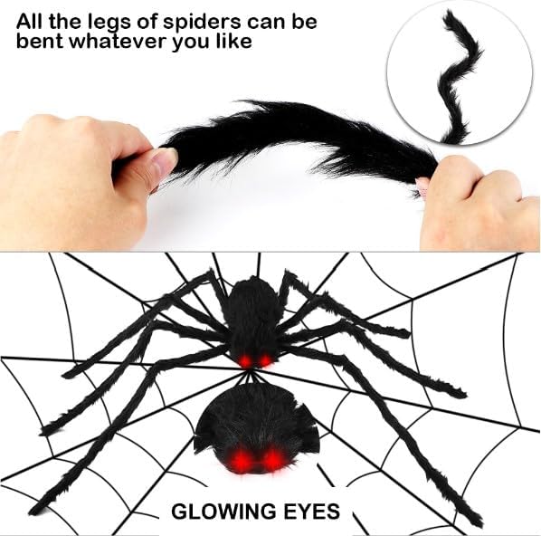 59" Giant Spider Decorations, Fake Spider with LED Eyes & Large Spider Web for Indoor and Outdoor