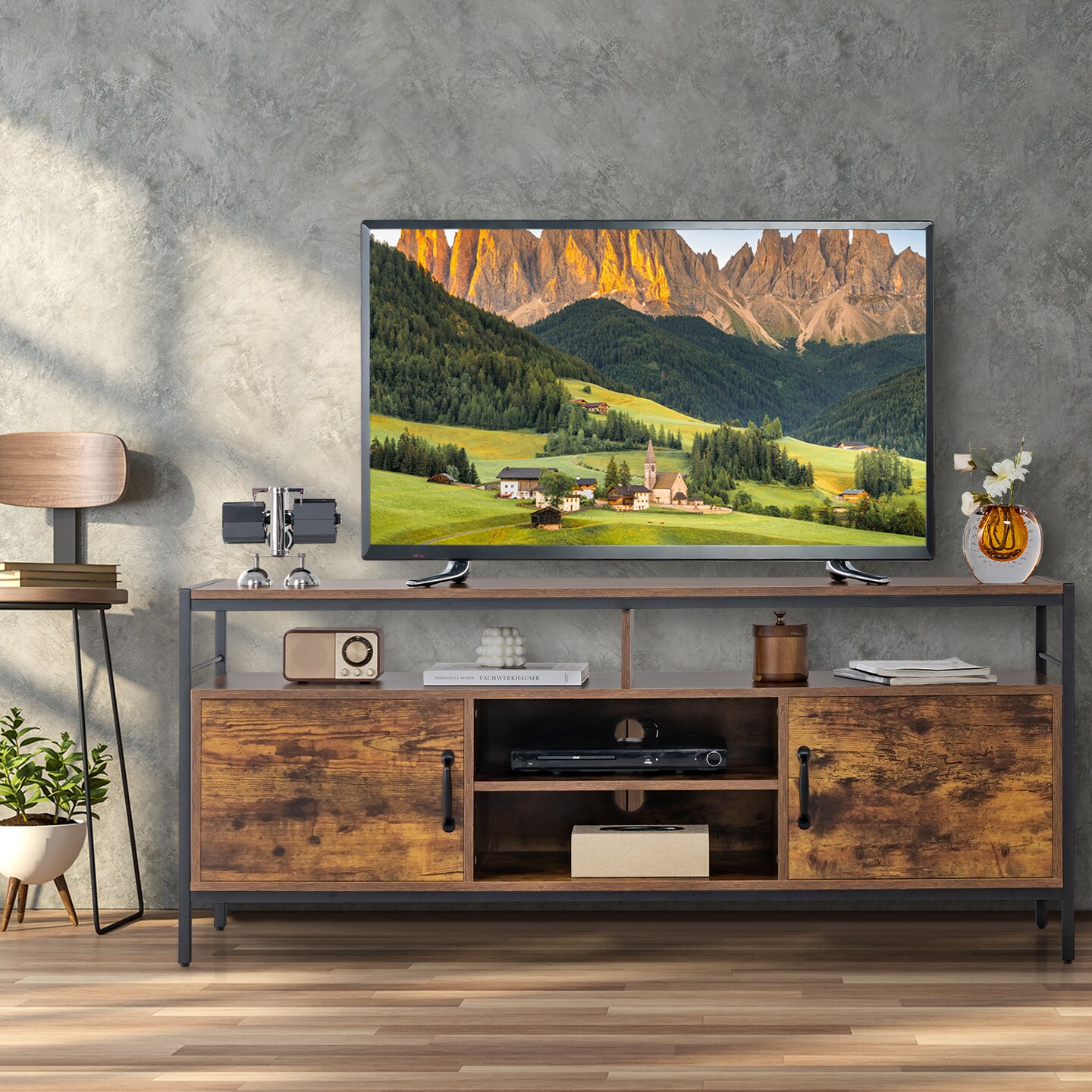 Industrial TV Stand with Cabinets and Adjustable Shelf for TVs -Rustic  Brown