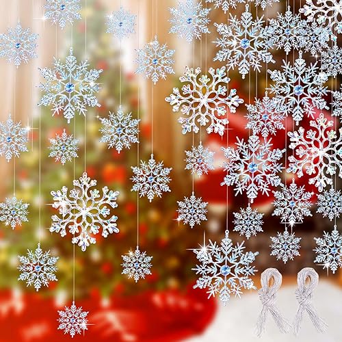 46Pcs Plastic Snowflake Ornament Christmas Glitter Snowflake Hanging Christmas  Tree Decorations with Silver Rope for Winter Decorations Tree Window Door  Accessories (Iridescent)