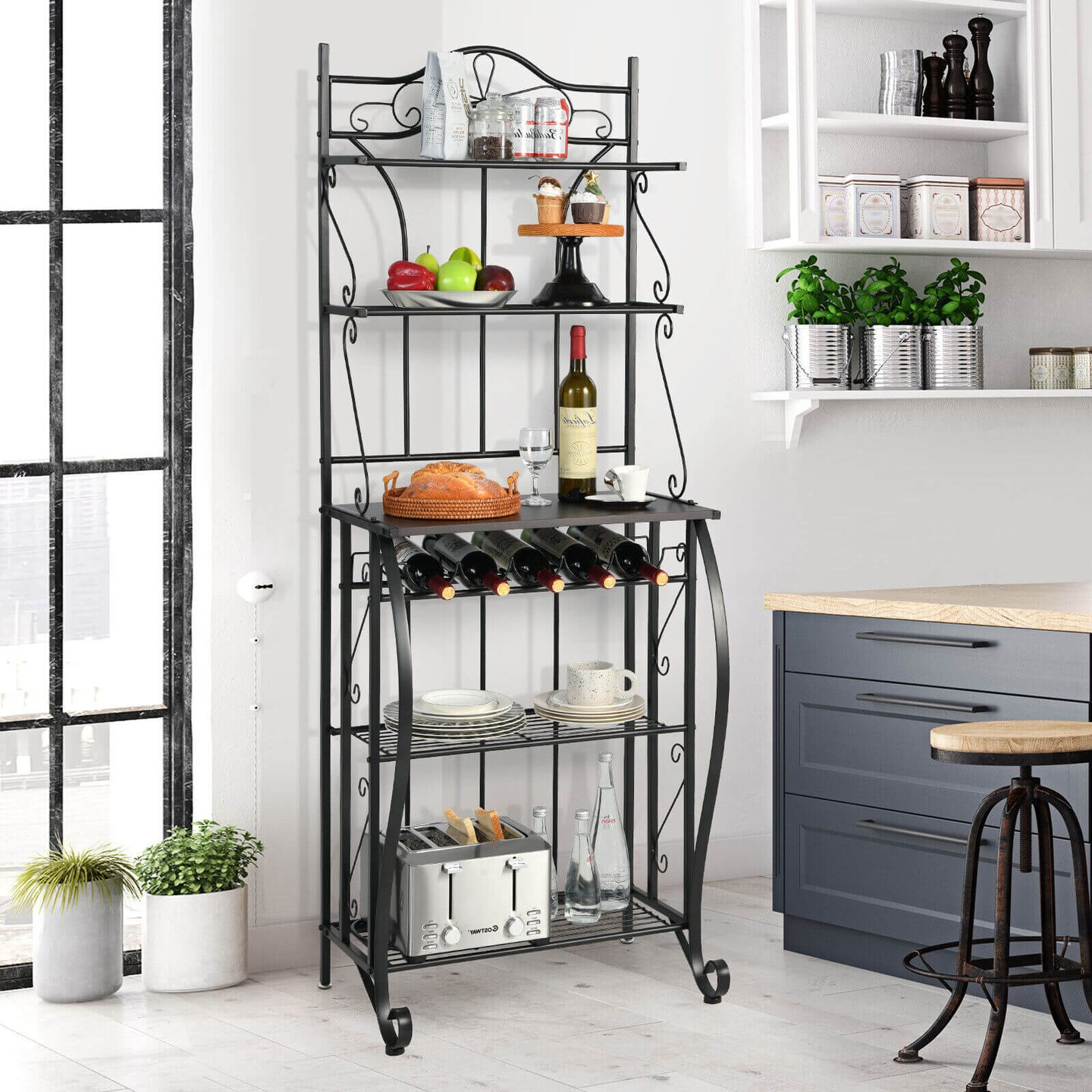 5-Tier Metal Kitchen Baker&#x27;s Rack with 5 Wine Bottles Rack