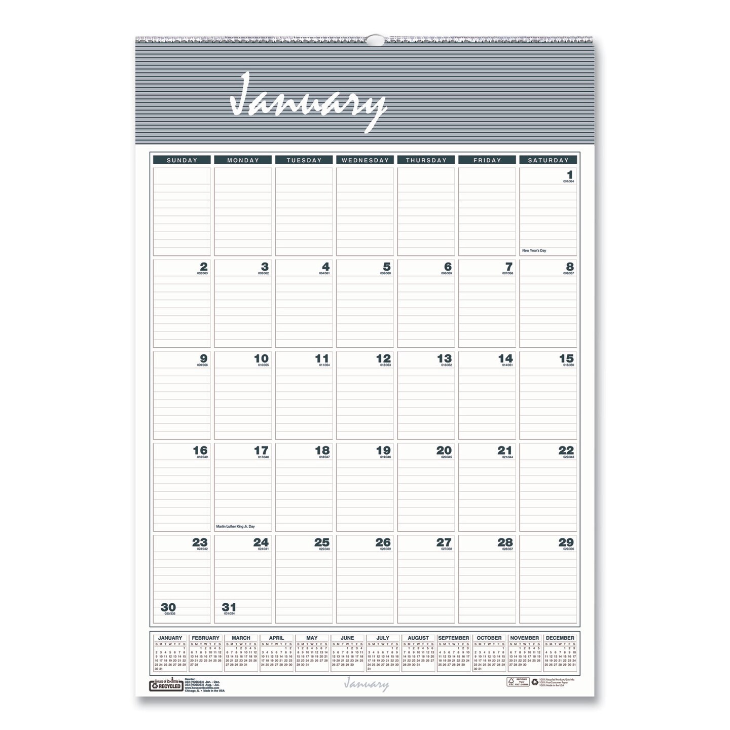 Bar Harbor Recycled Wirebound Monthly Wall Calendar, 22 x 31.25, White/Blue/Gray Sheets, 12-Month (Jan-Dec): 2024