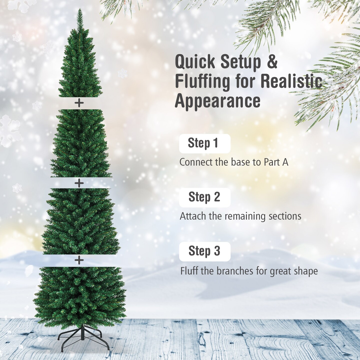 PVC Artificial Slim Pencil Christmas Tree with Metal Stand Ideal for Small Spaces