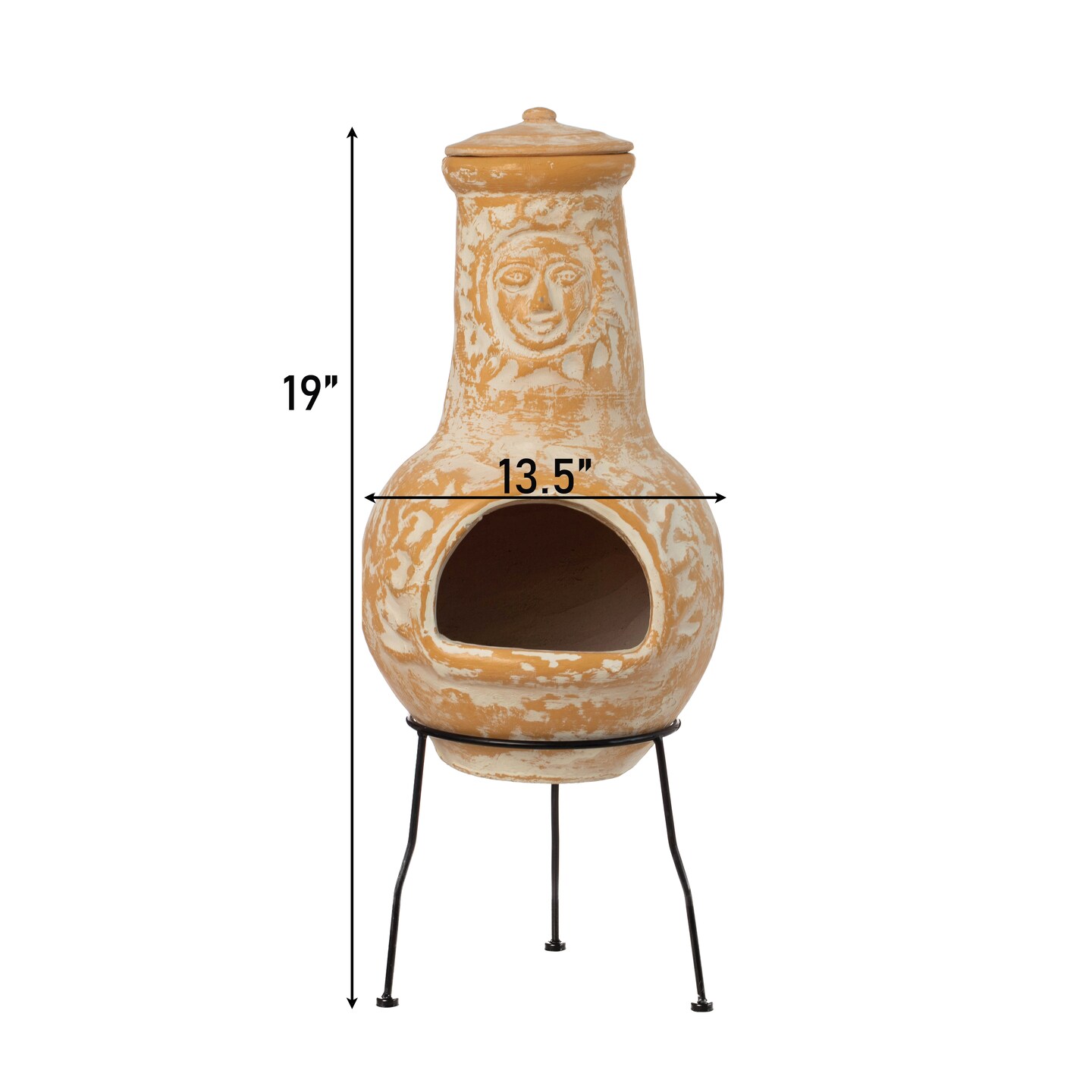 Outdoor Clay Chiminea Fireplace Sun Design Wood Burning Fire Pit with Sturdy Metal Stand, Barbecue, Cocktail Party, Cozy Nights Fire Pit