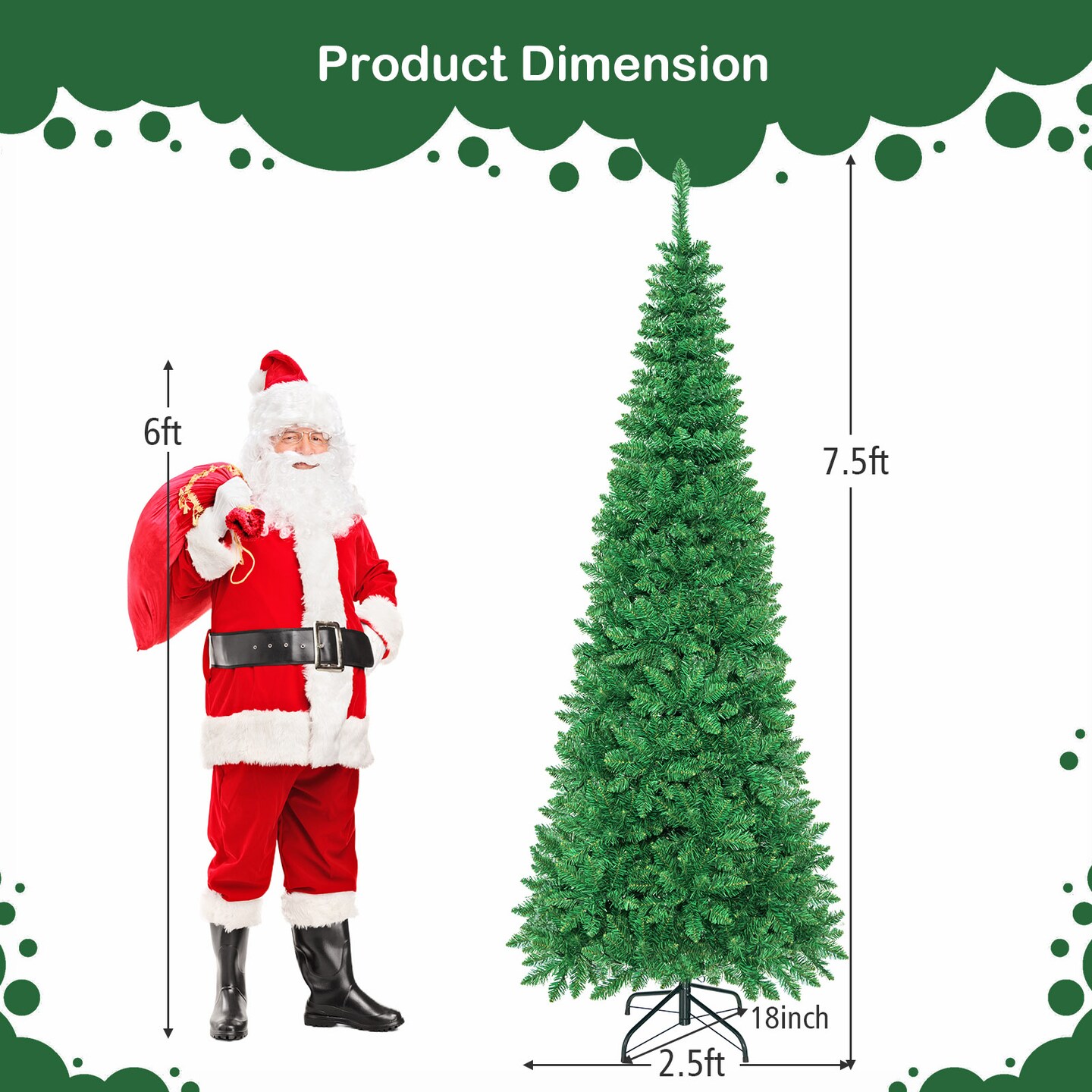 Pre-Lit Premium Hinged Artificial Fir Pencil Christmas Tree with LED Lights