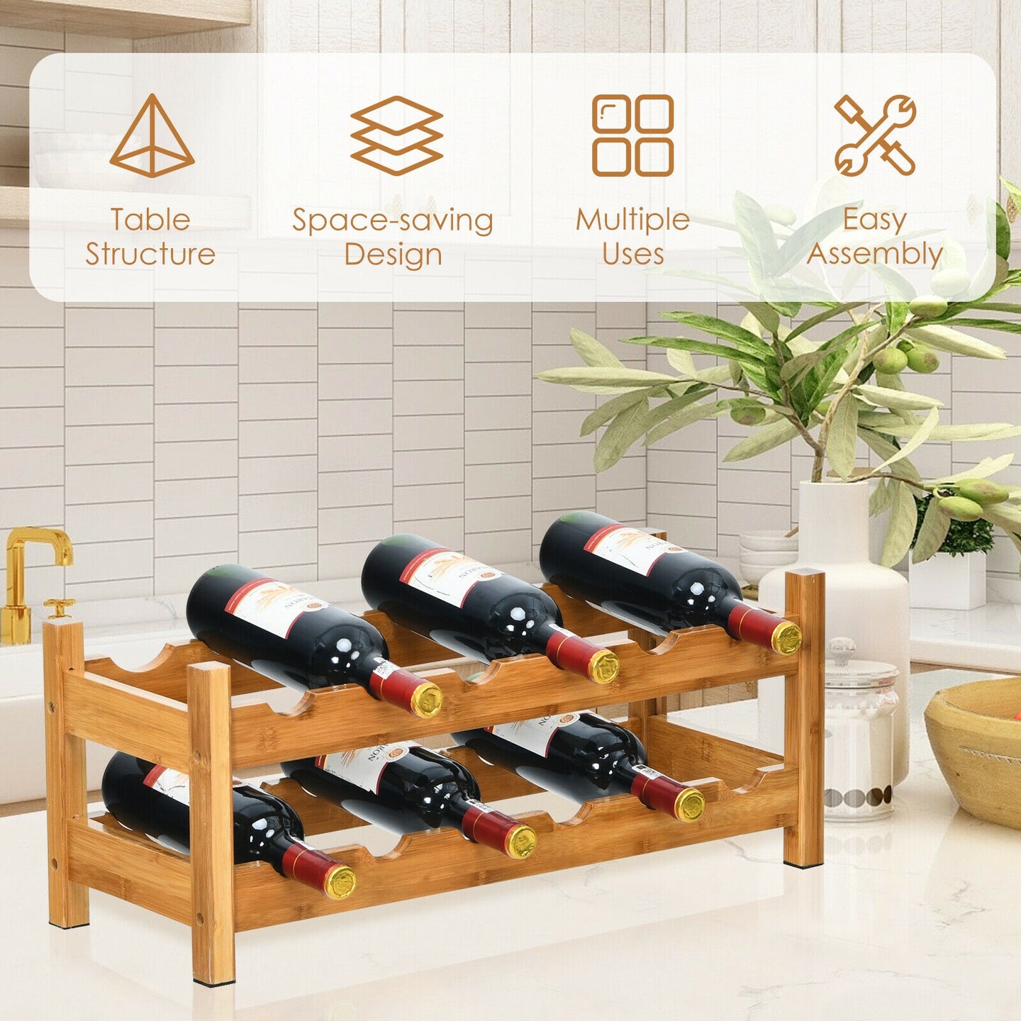 2-Tier 12 Bottles Bamboo Storage Shelf  Wine Rack