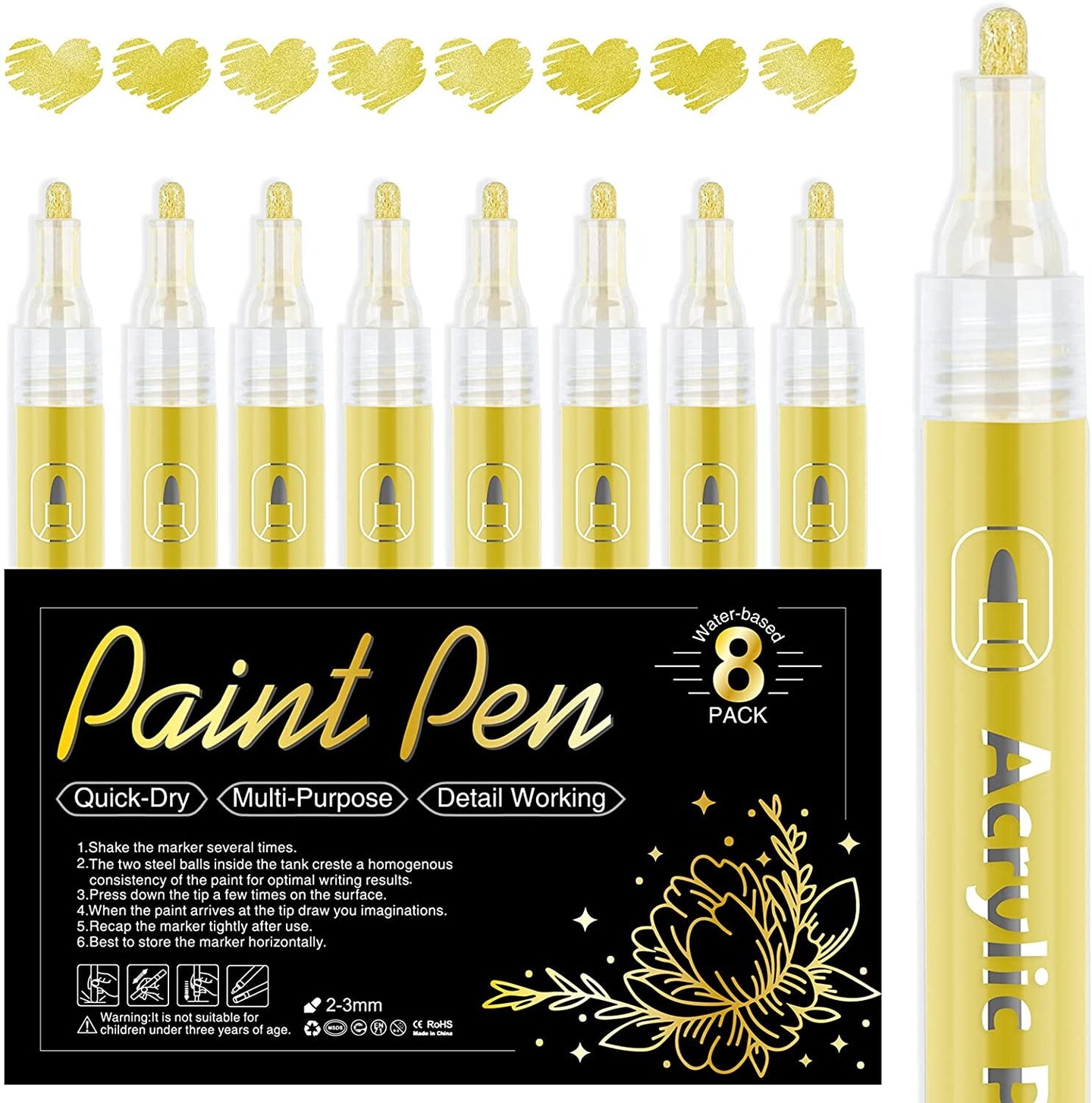 Black Paint Pen Pack of 8 Art Marker Acrylic Paint Marker Pens for Rock  Painting, Stone, Canvas Painting, Drawing & Art Supplies