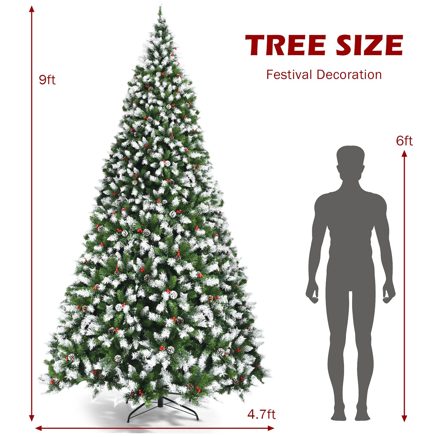 Pre-lit Snow Flocked Christmas Tree with Red Berries and LED Lights