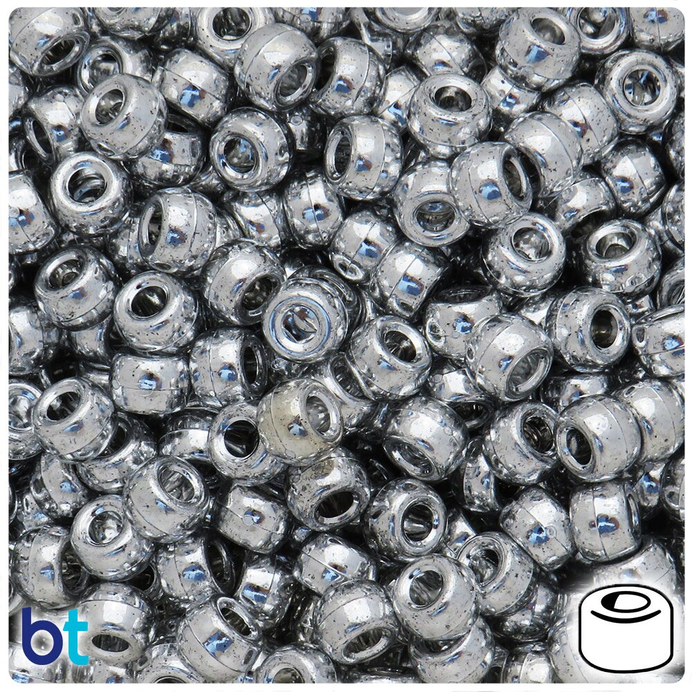 BeadTin Silver Metallic 9x6mm Barrel Plastic Pony Beads (200pcs)