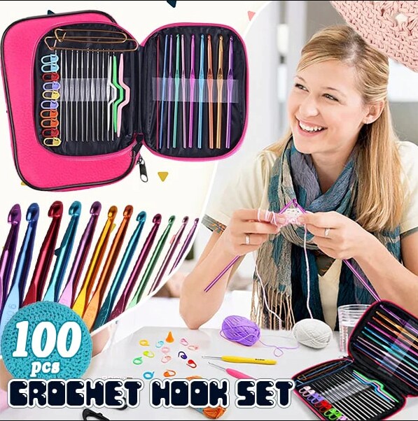 Crochet Sewing Set and Weaving Tools With Storage Bag | 100PCS DIY Craft Kit with Hooks Needles Stitches Knitting