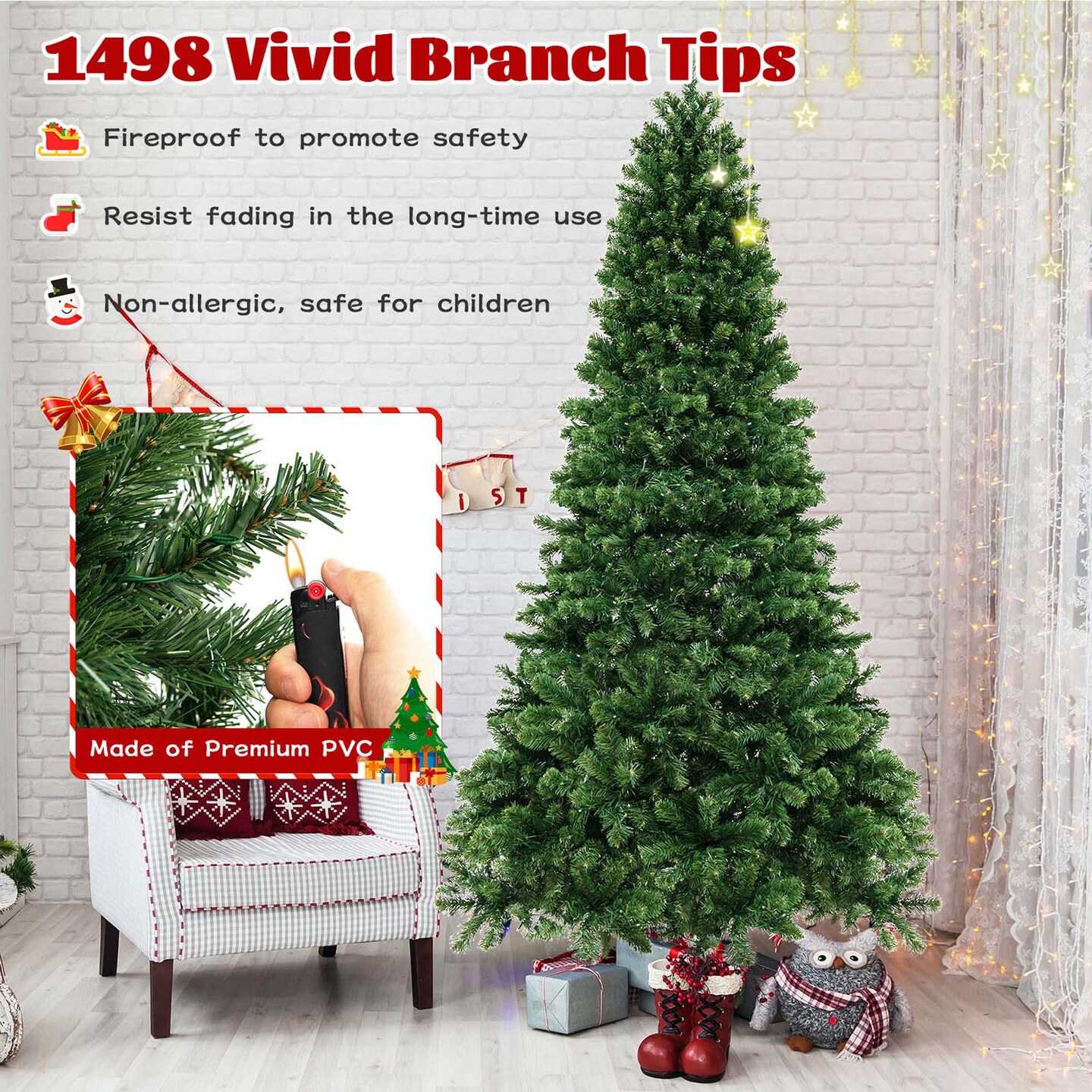 Costway 8 FT Artificial Xmas Tree with 1498 PVC Branch Tips 880 Warm White LED Lights