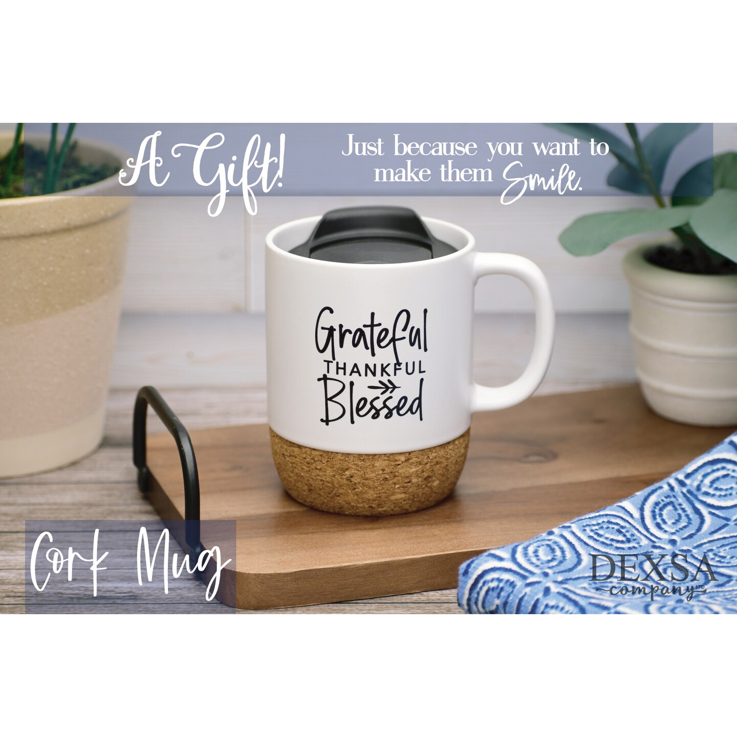 Dexsa Grateful Thankful Blessed Designer Cork Bottom Mug with Lid - 14 oz