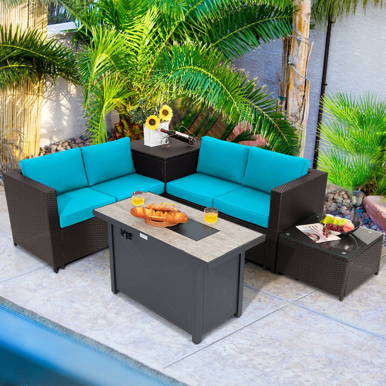5Pcs Patio Rattan Furniture Set Fire Pit Table W/ Cover Storage Cushion