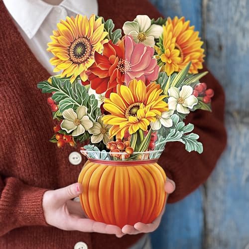 Freshcut Paper Pop Up Cards, Pumpkin Harvest, 12 inch Life Sized Forever Flower Bouquet 3D Popup Thanksgiving, Autumn, Fall Greeting Cards with Note Card and Envelope - Harvest Party Decoration