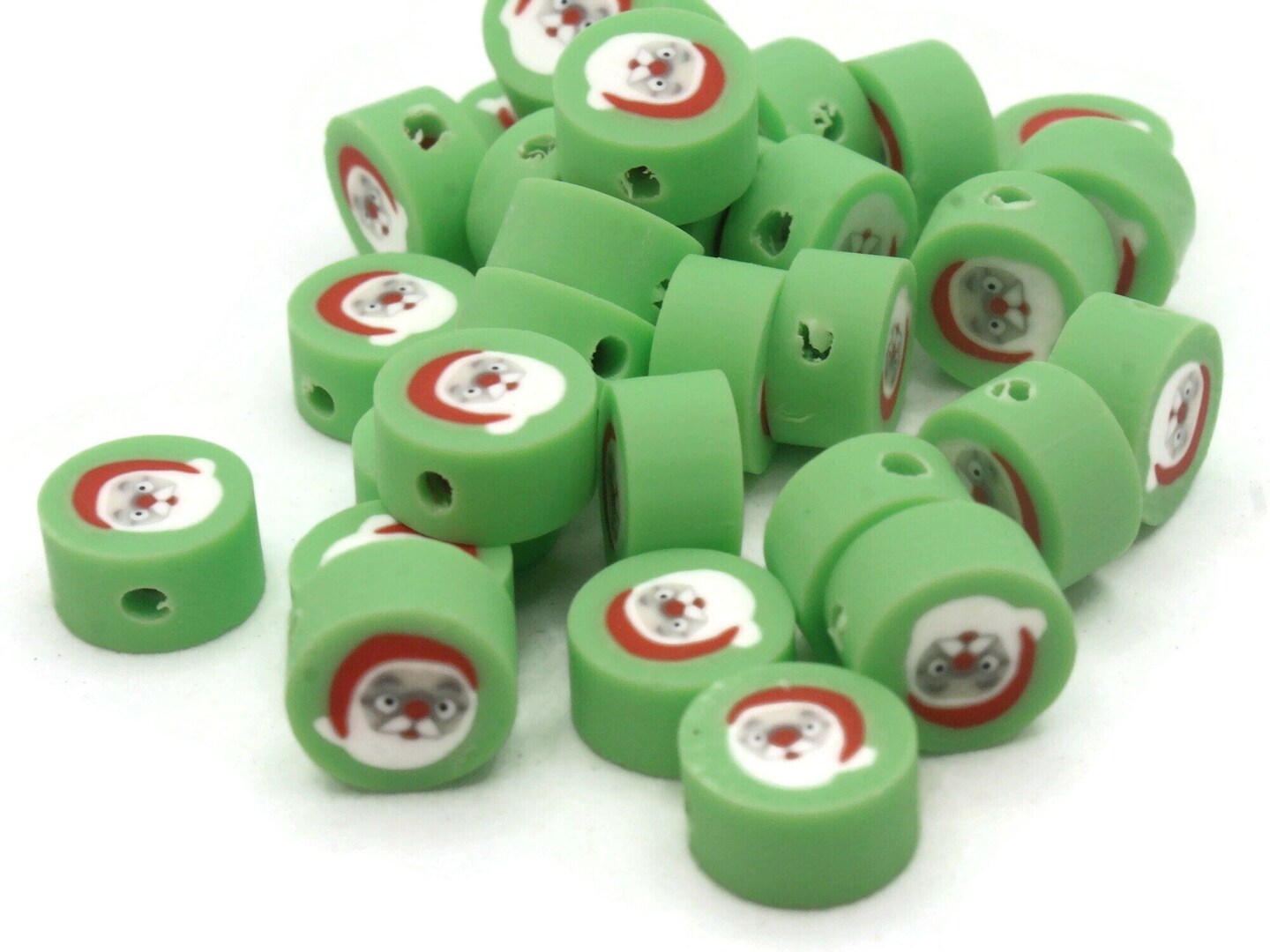 30 Santa Claus Polymer Clay Green Red and White Christmas Beads