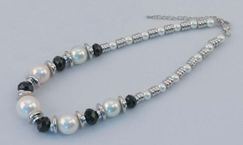 Silver Tone Necklace with Black &#x26; White Beads