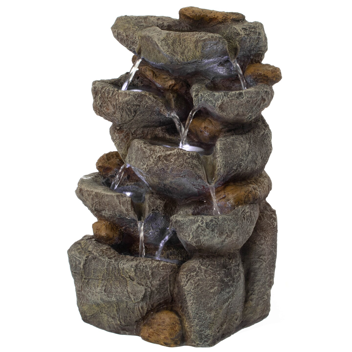 Cascading Electric Powered 8-Tier Rock Water Fountain 18.5" with LED Lights for Indoor and Outdoor Use
