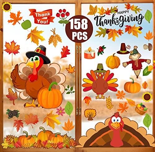 Fall Window Clings 158 PCS Thanksgiving Window Clings Fall Window Clings for Glass Windows Fall Window Decor for Offices Autumn Leaves Turkey Window Clings Home School Office