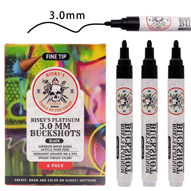 Risky&#x27;s Tools of the Trade Platinum 3mm 6 Pack of Black Acrylic Paint Pens for Graffiti or Fine Art